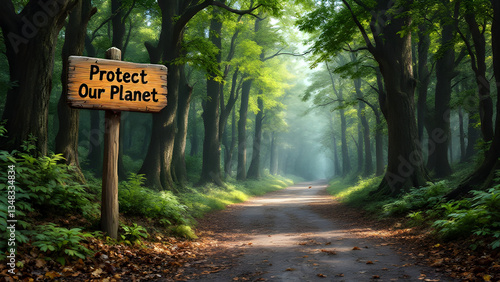 Protect Our Planet – Environmental Conservation Message in Lush Green Forest with Sunlight and Nature Path photo