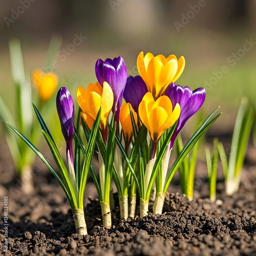 Close-up of delicate crocus flowers poking through the soil, blooming in purple and yellow hue.AI
