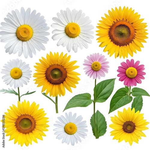 Spring flowers colorful vector set isolated in white background. Collection of daisy and sunflowers with various colors for spring season as graphic elements and decorations. Vector illustration.AI