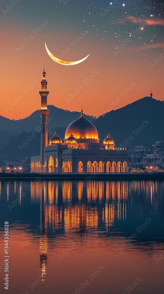Naklejka premium A beautiful mosque with a glowing crescent moon at twilight