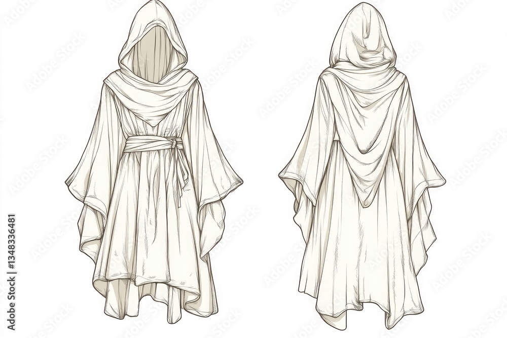 Hooded cloak, front and back view, fashion design sketch. Hooded cloak, front and back view, fashion design sketch.