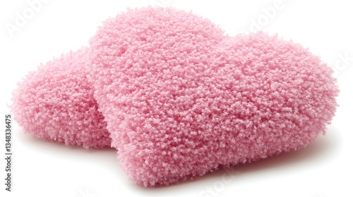 Pink heart-shaped fluffy items on white background
