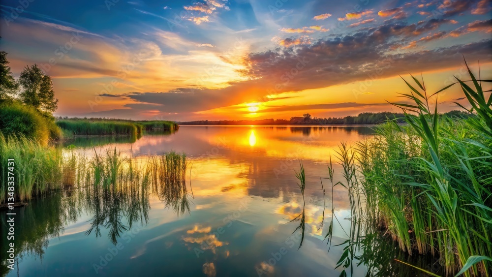 Obraz premium Serene sunset paints the lake, reeds swaying gently, peace in solitude.