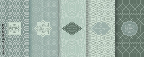 Set of Cute geometric seamless patterns on modern background with minimal labels, frames. Abstract vector textures. Design for print, vaucher, decor, package, banner, card