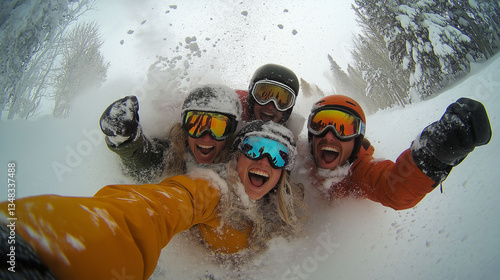 A playful selfie with the team stacked on top of each other in the snow after a wipeout, laughing and throwing snow at the camera, high-energy shot
