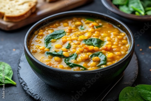 Warm lentil soup with fresh spinach served in a rustic bowl on a dark kitchen table