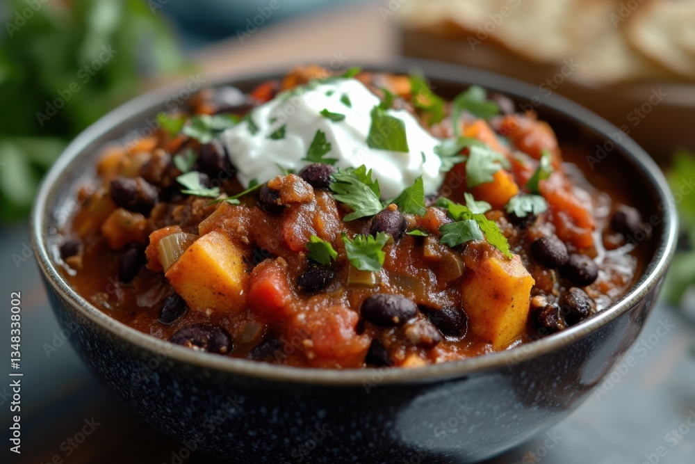 Warm black bean chili with fresh toppings served in a rustic bowl with tortilla sides Warm black bean chili with fresh toppings served in a rustic bowl with tortilla sides