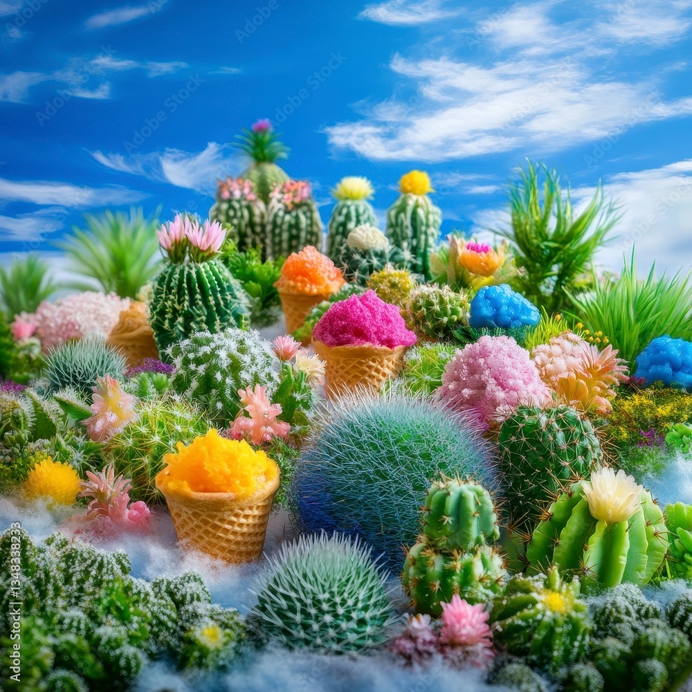 Colorful Cacti and Succulents in a Bright, Whimsical Landscape Colorful Cacti and Succulents in a Bright, Whimsical Landscape