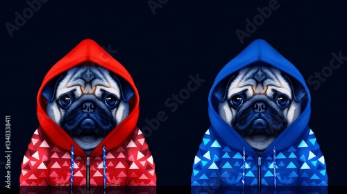 Adorable Pugs in Hoodies  Red   Blue Fashion Pet Portraits
