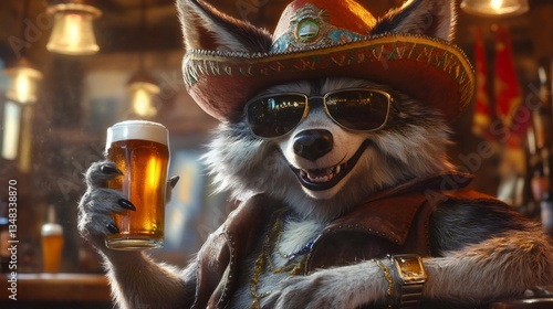 Mexican gray wolf sporting sombrero and sunglasses, drinking beer inside rustic western saloon, humorous digital illustration rendering