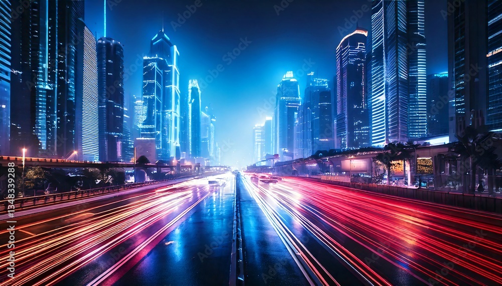A high-tech highway in a cyberpunk city, stretching between massive neon-lit skyscrapers A high-tech highway in a cyberpunk city, stretching between massive neon-lit skyscrapers