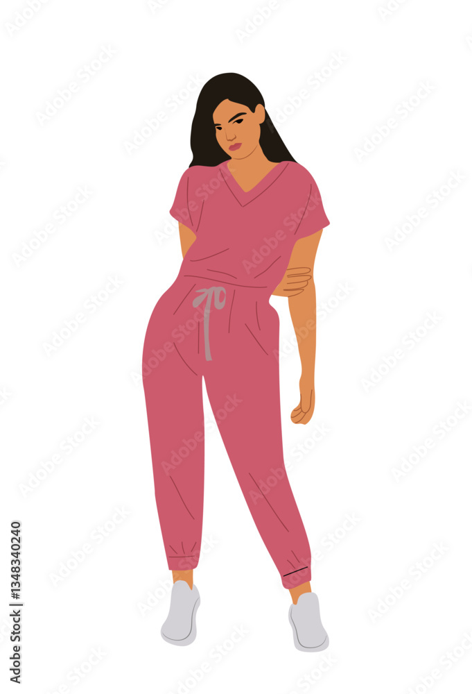 Beautiful young professional nurse, doctor woman wearing pink uniform, standing full length. Pretty cartoon female character. Vector colorful illustration isolated on transparent background. Beautiful young professional nurse, doctor woman wearing pink uniform, standing full length. Pretty cartoon female character. Vector colorful illustration isolated on transparent background.
