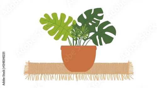 Stylish Illustration of a Plant Pot with Tropical Leaves on a Woven Mat