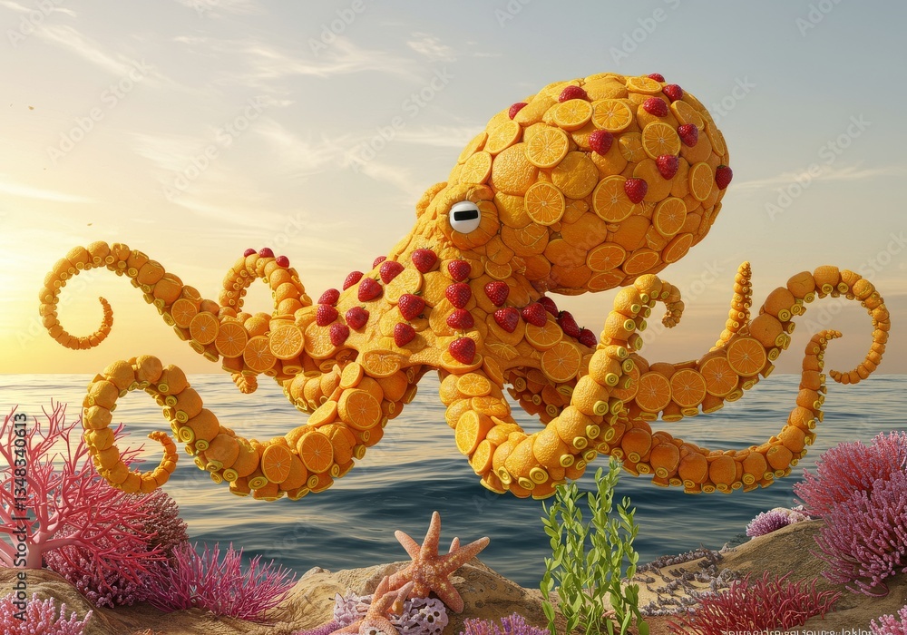 Naklejka premium Creative octopus sculpted from fruit floating above the ocean waters