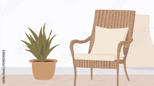 Serene Outdoor Scene with Wicker Armchair and Plant.  A Relaxing Patio Setting.  Stylish Outdoor Decor.  Cozy Outdoor Living Space.