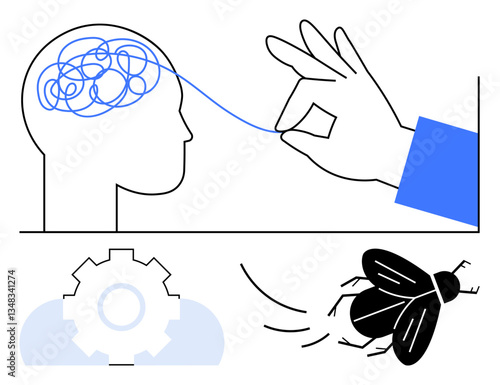 Tangled brain unraveling by hand next to gear and fly, symbolizing clarity, focus, and problem resolution. Ideal for mental health, focus, productivity, problem-solving, innovation mindfulness