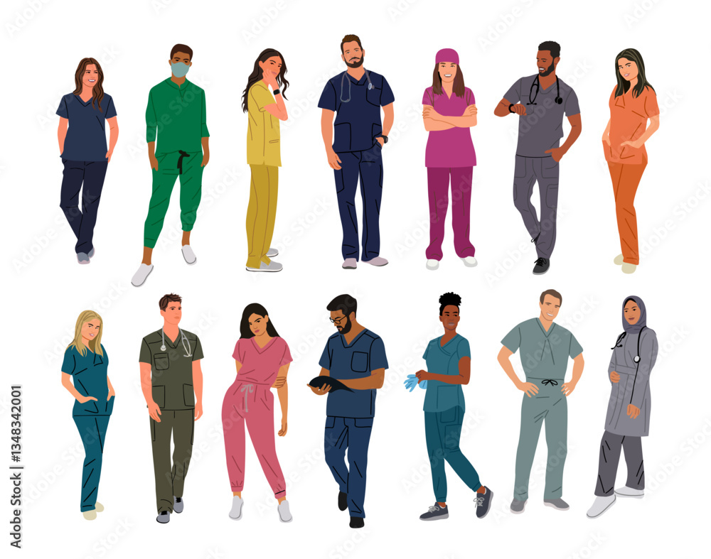 Fototapeta premium Big set of standing, walking doctors, nurses in medical uniform, colorful scrubs. Flat vector illustrations isolated