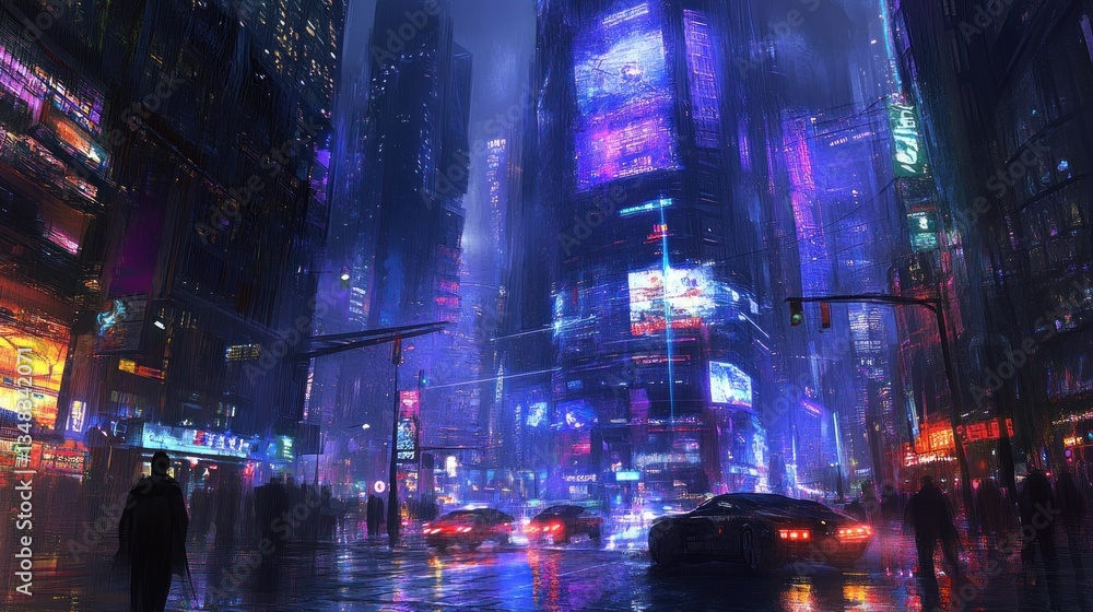 custom made wallpaper toronto digitalNeon city street at night, people walking, cars, rain