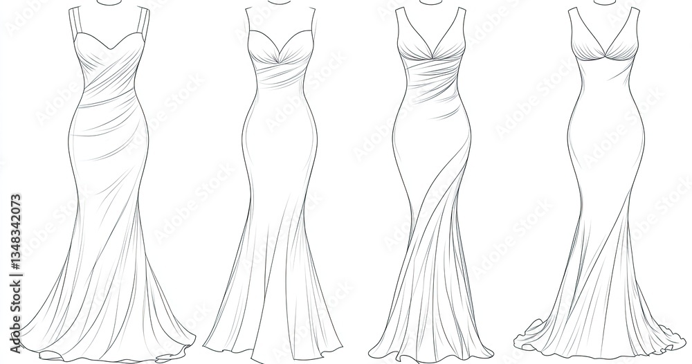 Four elegant, floor-length gown illustrations with different necklines. Four elegant, floor-length gown illustrations with different necklines.