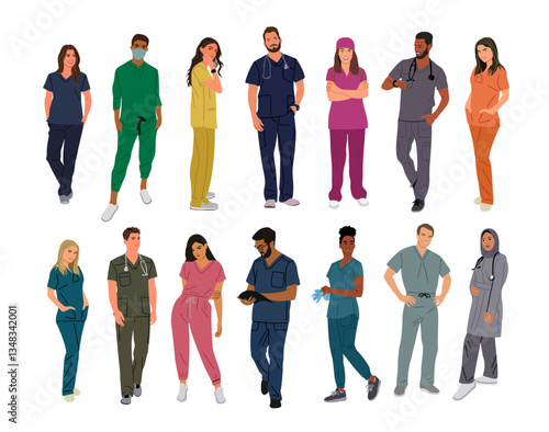 Big set of standing, walking doctors, nurses in medical uniform, colorful scrubs. Flat vector illustrations isolated