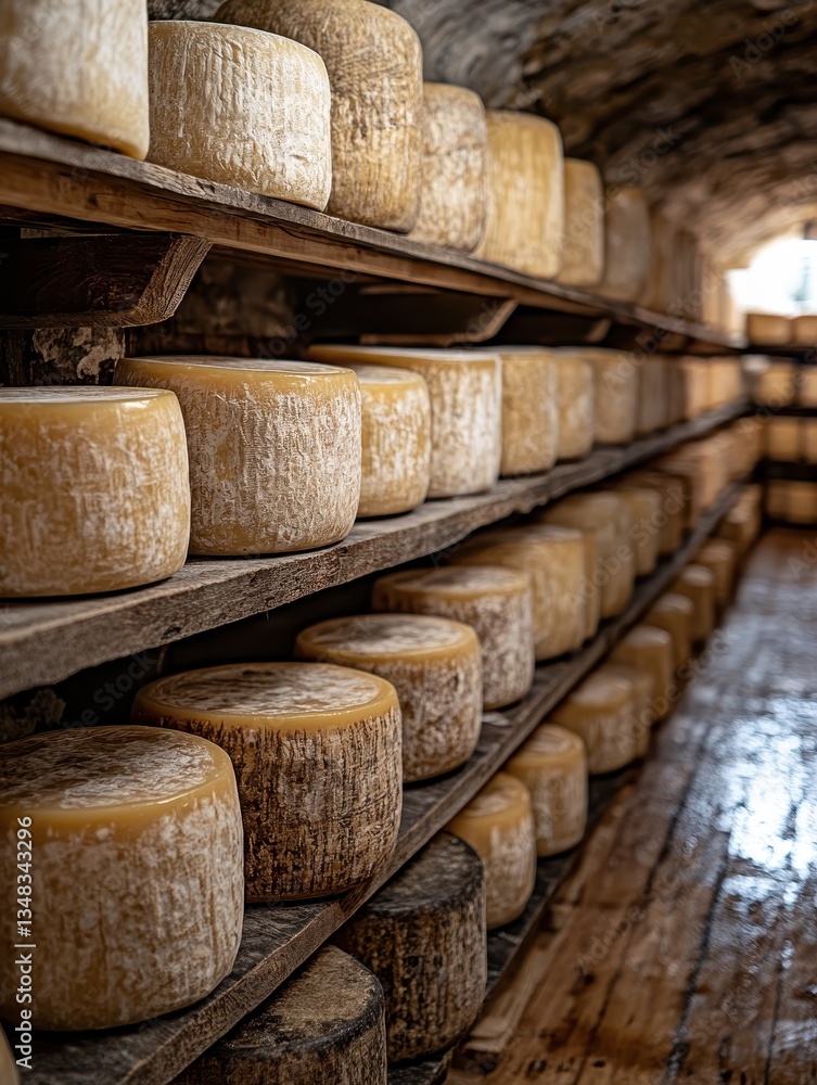 Aged Cheese Wheels Stored on Wooden Shelves in Rustic Cellar Aged Cheese Wheels Stored on Wooden Shelves in Rustic Cellar