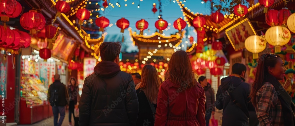 Fototapeta premium Evening stroll through a vibrant lantern-lit market, showcasing traditional decorations and festive ambiance