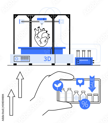 3D printer creating a human heart paired with a smartphone displaying product sales and analytics. Ideal for technology, medicine, innovation, e-commerce, bioprinting, healthcare, future tech. Flat