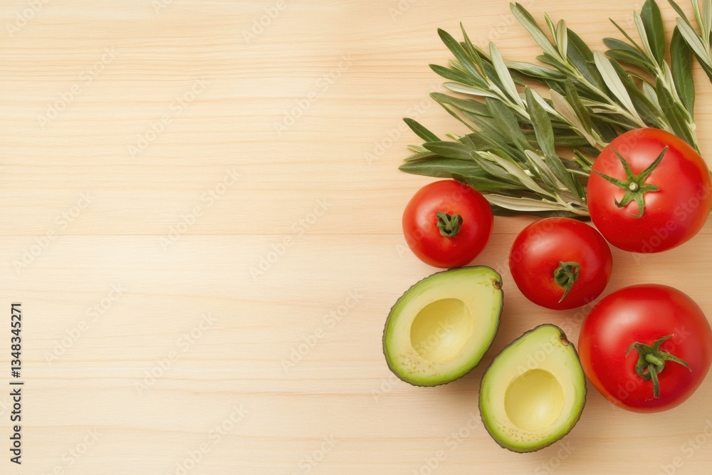 Organic food photography setup featuring fresh vegetables on rustic wooden table with ripe tomatoes, avocados, and olive branches ready for culinary showcase Organic food photography setup featuring fresh vegetables on rustic wooden table with ripe tomatoes, avocados, and olive branches ready for culinary showcase