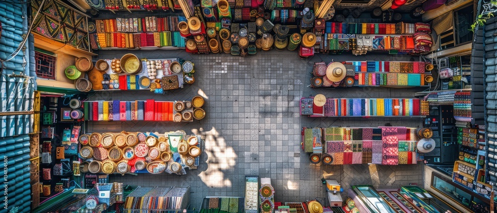 Fototapeta premium Aerial view of a vibrant market filled with colorful textiles and handcrafted items, bustling with activity