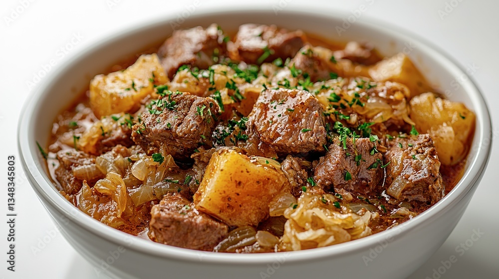 Delicious hearty stew served in a white ceramic bowl Delicious hearty stew served in a white ceramic bowl