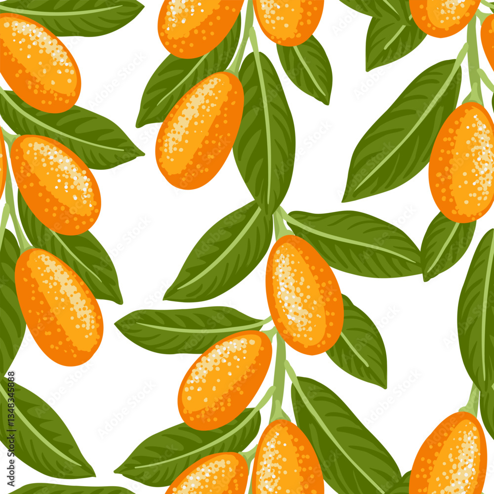 seamless pattern with cumquat, vector drawing citrus tree branches with fruits and green leaves at white background, hand drawn illustration seamless pattern with cumquat, vector drawing citrus tree branches with fruits and green leaves at white background, hand drawn illustration