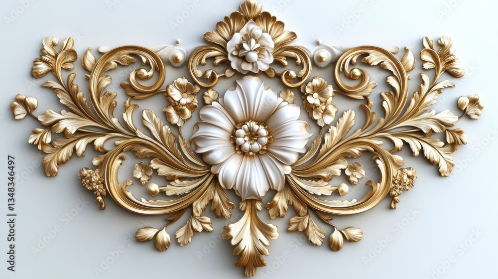 Elegant Gold and White Floral Ornament: A 3D Rendered Baroque Design Elegant Gold and White Floral Ornament: A 3D Rendered Baroque Design