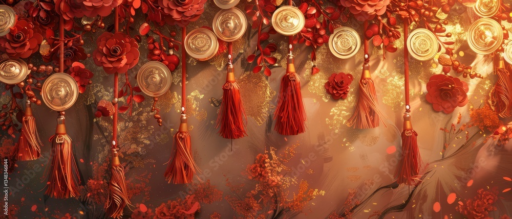 Fototapeta premium Vibrant autumn-themed decoration with red flowers and tassels hanging against a warm, soft background