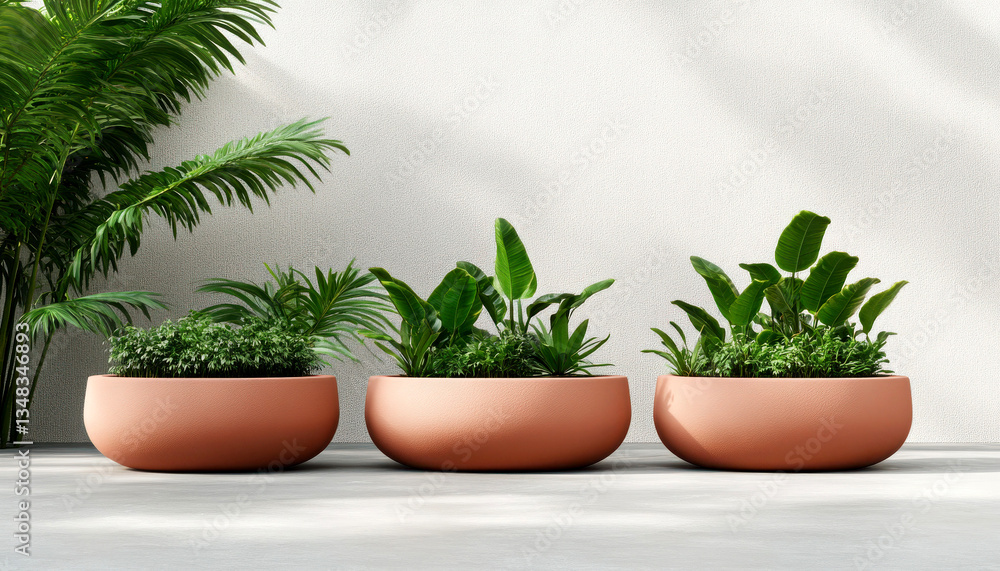 Stylish planters with lush green plants enhancing interior design. Stylish planters with lush green plants enhancing interior design.