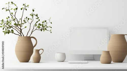Wallpaper Mural Modern Minimalist Home Office Workspace with Beige Vases and Greenery Torontodigital.ca