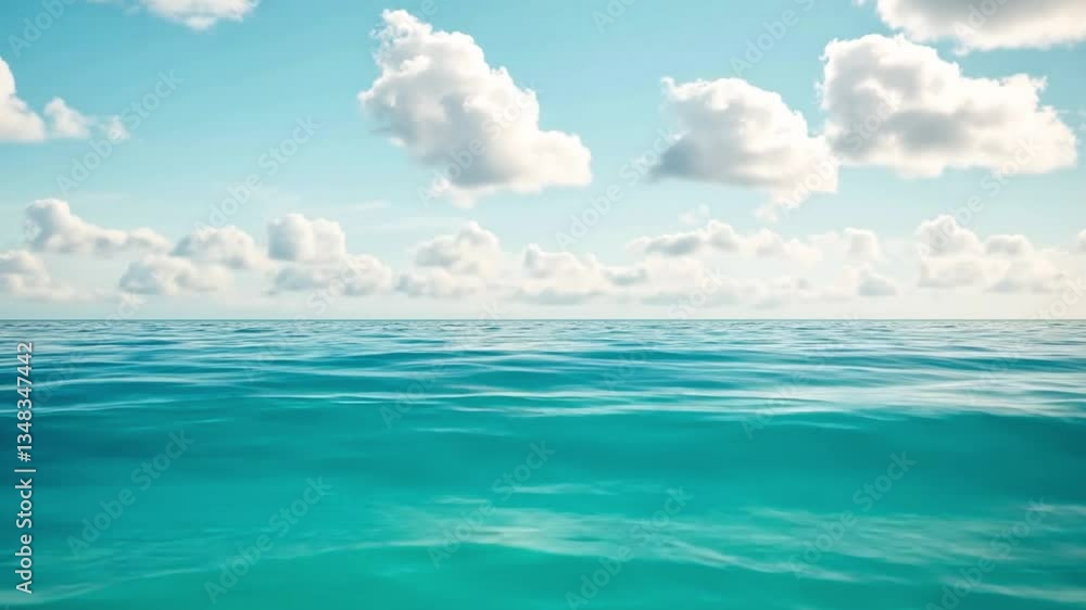 Tranquil ocean view featuring a vast expanse of calm water beneath a sky filled with fluffy white clouds. Clear horizon and soothing seascape create a peaceful atmosphere Tranquil ocean view featuring a vast expanse of calm water beneath a sky filled with fluffy white clouds. Clear horizon and soothing seascape create a peaceful atmosphere