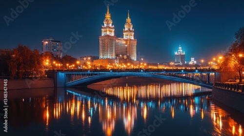 Night View of Moscow's Iconic University Building and River Reflection