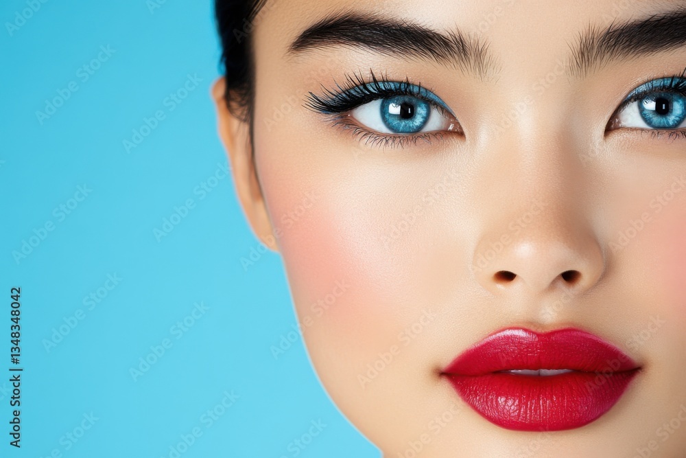 High-end beauty campaign showcasing model with striking red lips and icy blue eyeshadow under soft natural light High-end beauty campaign showcasing model with striking red lips and icy blue eyeshadow under soft natural light