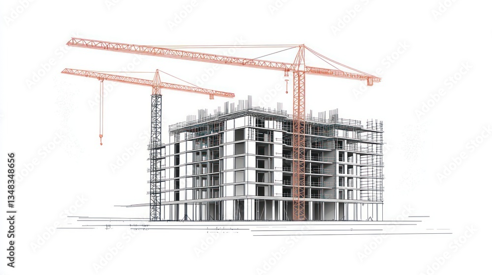 Architectural drawing of construction site with cranes Architectural drawing of construction site with cranes