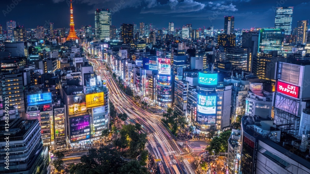 Fototapeta premium Tokyo Night Cityscape Aerial View