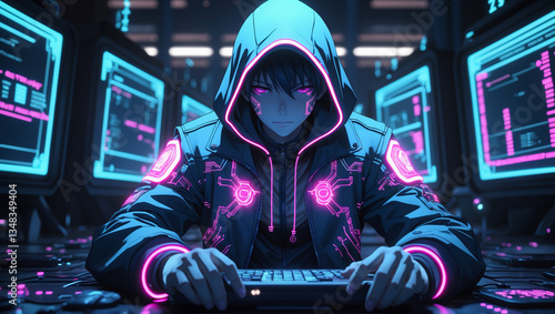Cyberpunk Anime Hacker with Holographic Screens