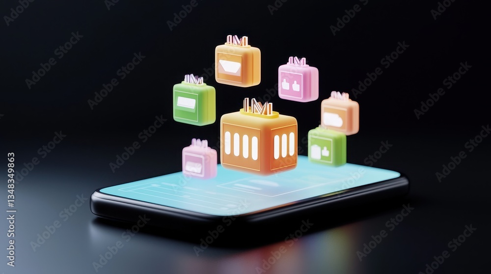 Obraz premium Colorful Icons Floating Above Smartphone Screen on Black Background