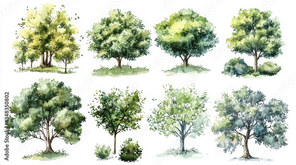 Fototapeta premium Aerial Watercolor Illustration of Diverse Trees and Shrubs