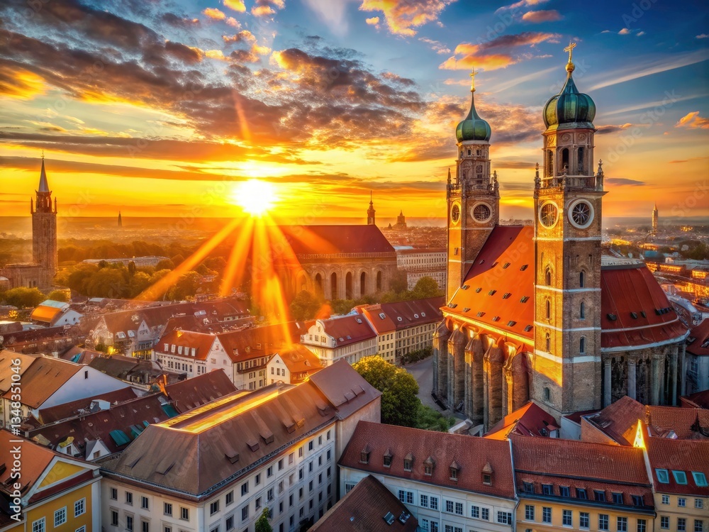Fototapeta premium Panoramic Sunrise Munich Skyline Frauenkirche Cathedral - Dramatic Cityscape Photography
