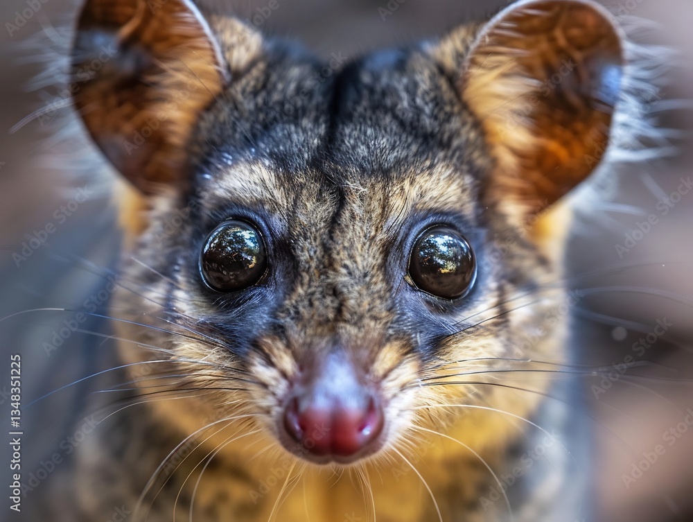 Obraz premium Extreme close up of mountain brushtail possums textured fur and alert eyes ultra macro lens hyper realistic detail dramatic natural lighting professional wildlife photography