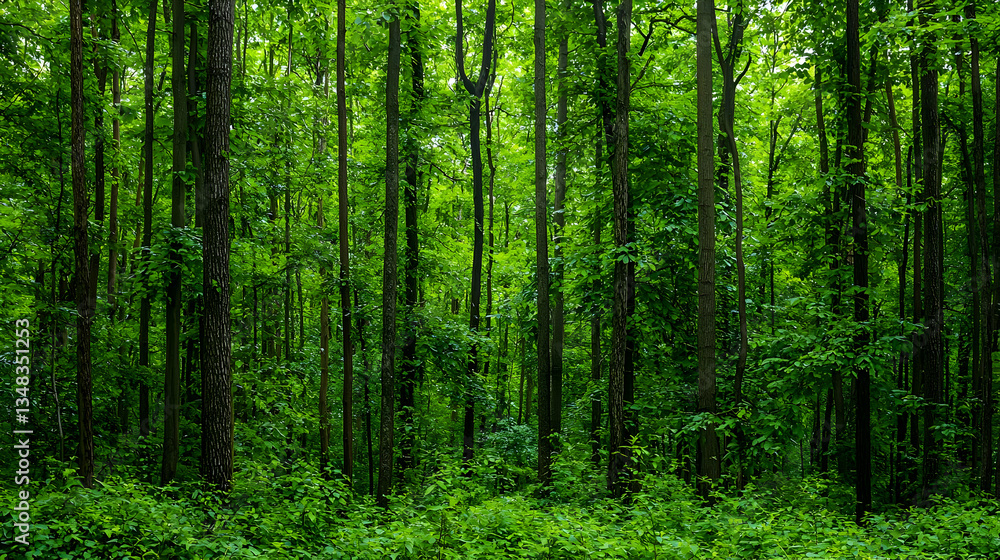 Lush Green Forest Scene with Dense Tree Trunks and Sunlight Filtering Through the Canopy in a Vertical Composition Lush Green Forest Scene with Dense Tree Trunks and Sunlight Filtering Through the Canopy in a Vertical Composition