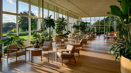 Spacious Interior With Greenery And Modern Furniture Near Large Windows In Sunny Daylight