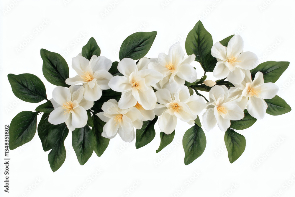 Obraz premium Blooming White Flowers with Green Leaves Elegant Floral Still Life on White Background Botanical Decorative Arrangement