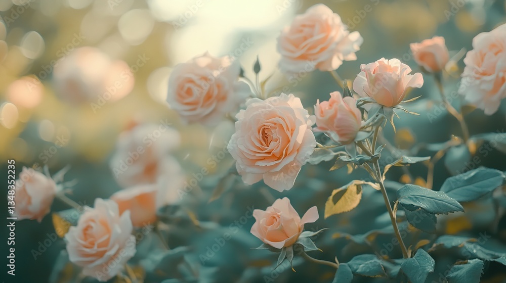 Beautiful blooming pink roses in a serene and natural garden setting Beautiful blooming pink roses in a serene and natural garden setting