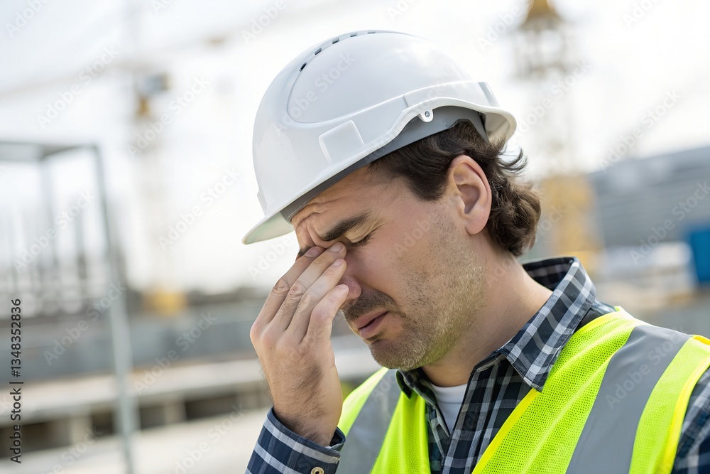 Close-up of a construction supervisor rubbing their eyes, safety helmet slightly tilted, trying to stay focused. The blurred worksite behind them keeps the image clean and uncluttered. Close-up of a construction supervisor rubbing their eyes, safety helmet slightly tilted, trying to stay focused. The blurred worksite behind them keeps the image clean and uncluttered.